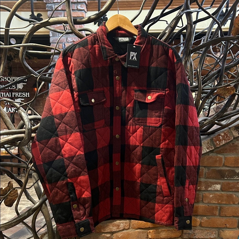 NWT PX Red and Black Quilted Men's Snap Up Shirt Jacket